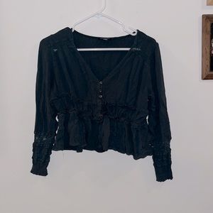 Women’s Crop Top, Dark Blueish Gray, Long Sleeved, Lace on sleeves, Decretive